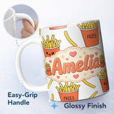 Personalized Custom Name Cute French Fries Seamless Pattern Grey Background Custom Name 11oz Ceramic Coffee Tea Mug White Large Handle