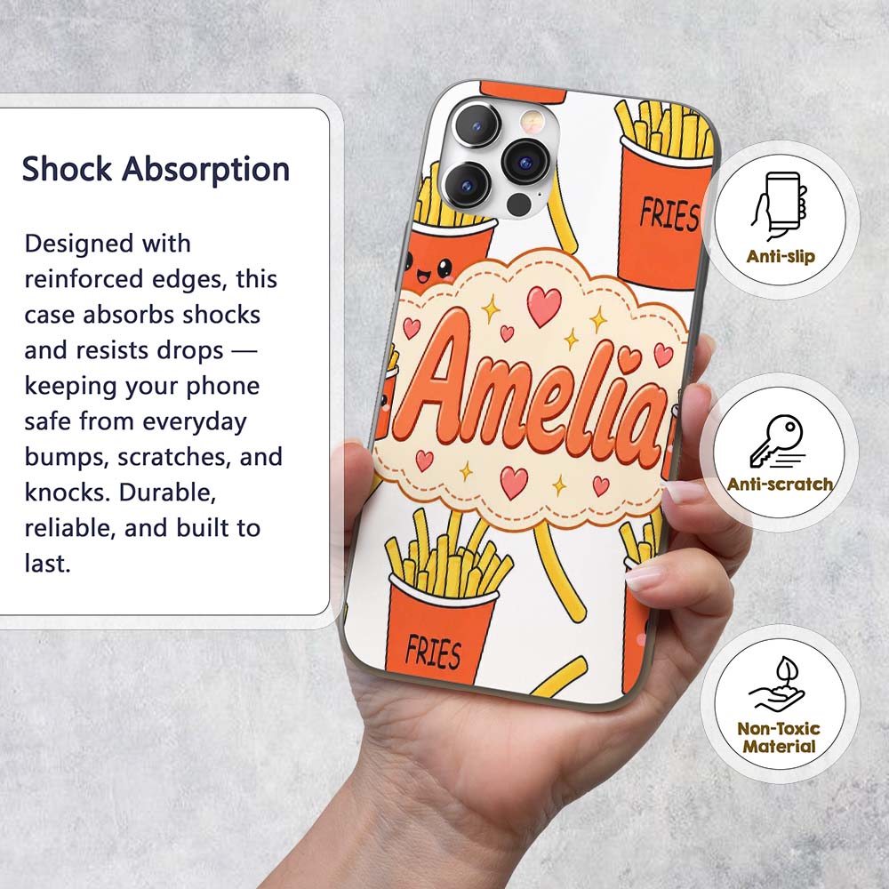 Cute French Fries Seamless Pattern Printed Design Custom Name Protective Phone Case Mobile Cover Durable Everyday Smartphone Shock Resistant