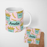 Personalized Custom Name Cute French Fries Seamless Pattern Pink Background Custom Name 11oz Ceramic Coffee Tea Mug White Large Handle