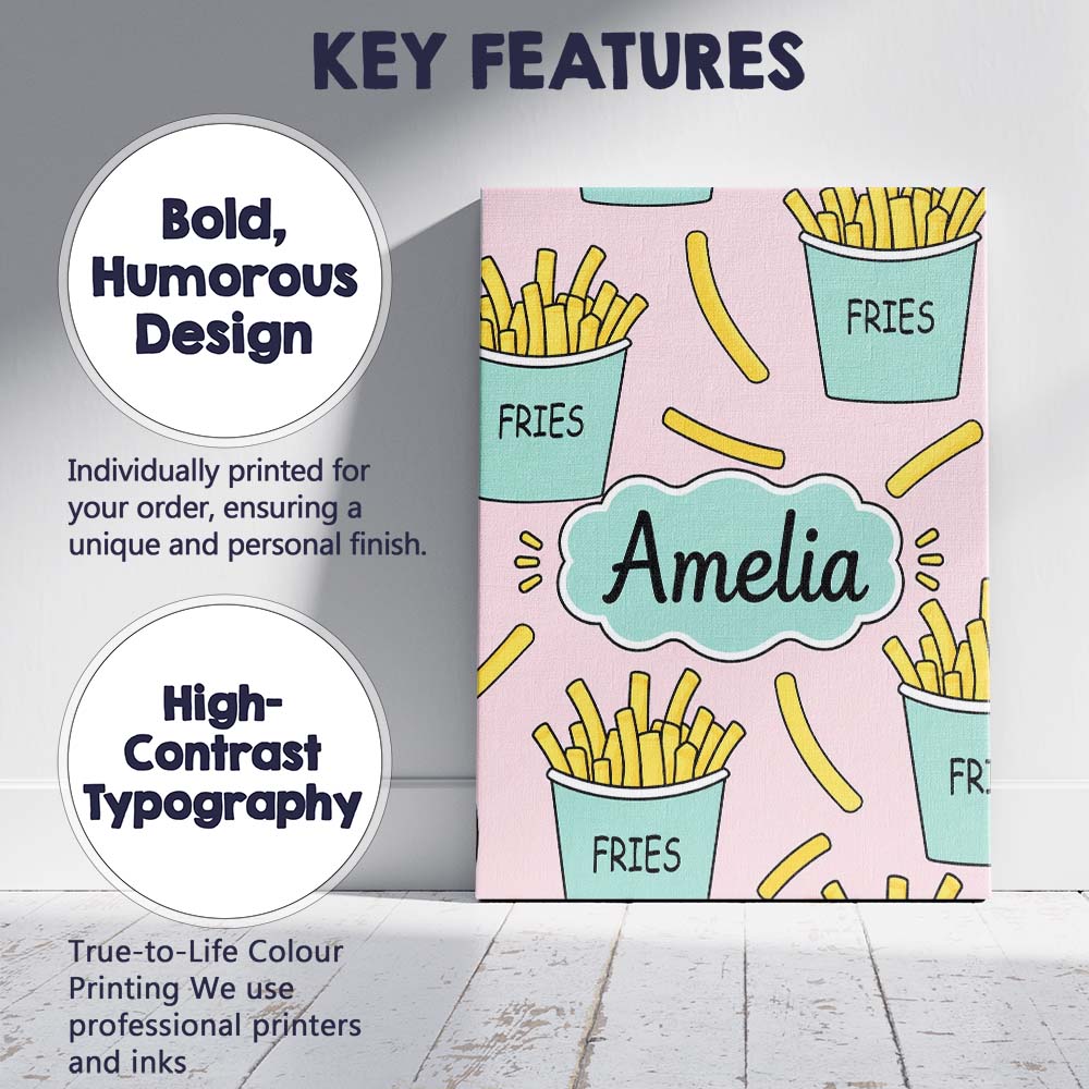 Personalised Name Cute French Fries Seamless Custom Bespoke  Contemporary Display Canvas Wall Art Print Decor Picture Ready to Hang