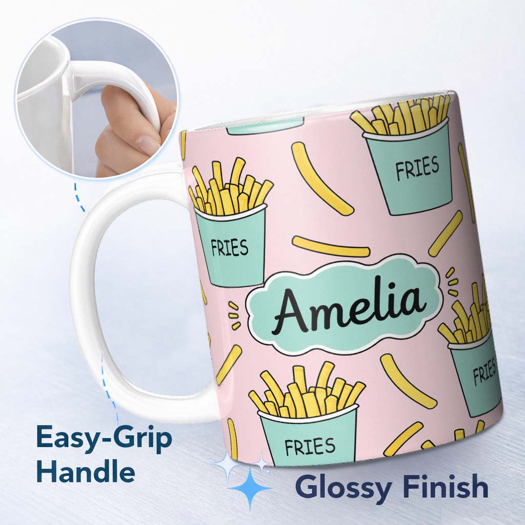 Personalized Custom Name Cute French Fries Seamless Pattern Pink Background Custom Name 11oz Ceramic Coffee Tea Mug White Large Handle