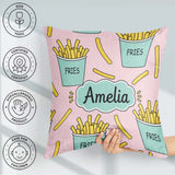 Custom Name Cute French Fries Seamless Pattern Pink Background Square Filled Cushion Throw Pillow Sofa Bed Home Decor Zip Washable UK Made