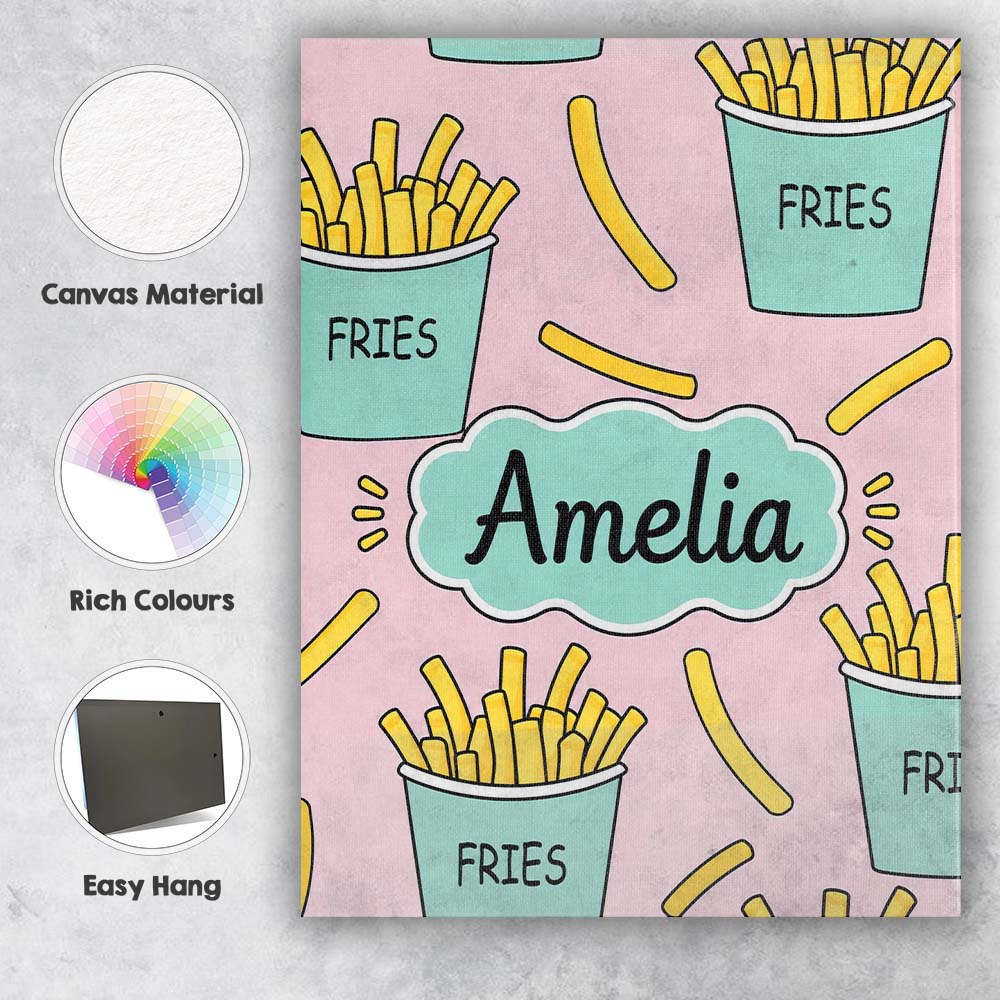 Personalised Name Cute French Fries Seamless Custom Bespoke  Contemporary Display Canvas Wall Art Print Decor Picture Ready to Hang