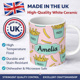 Personalized Custom Name Cute French Fries Seamless Pattern Pink Background Custom Name 11oz Ceramic Coffee Tea Mug White Large Handle