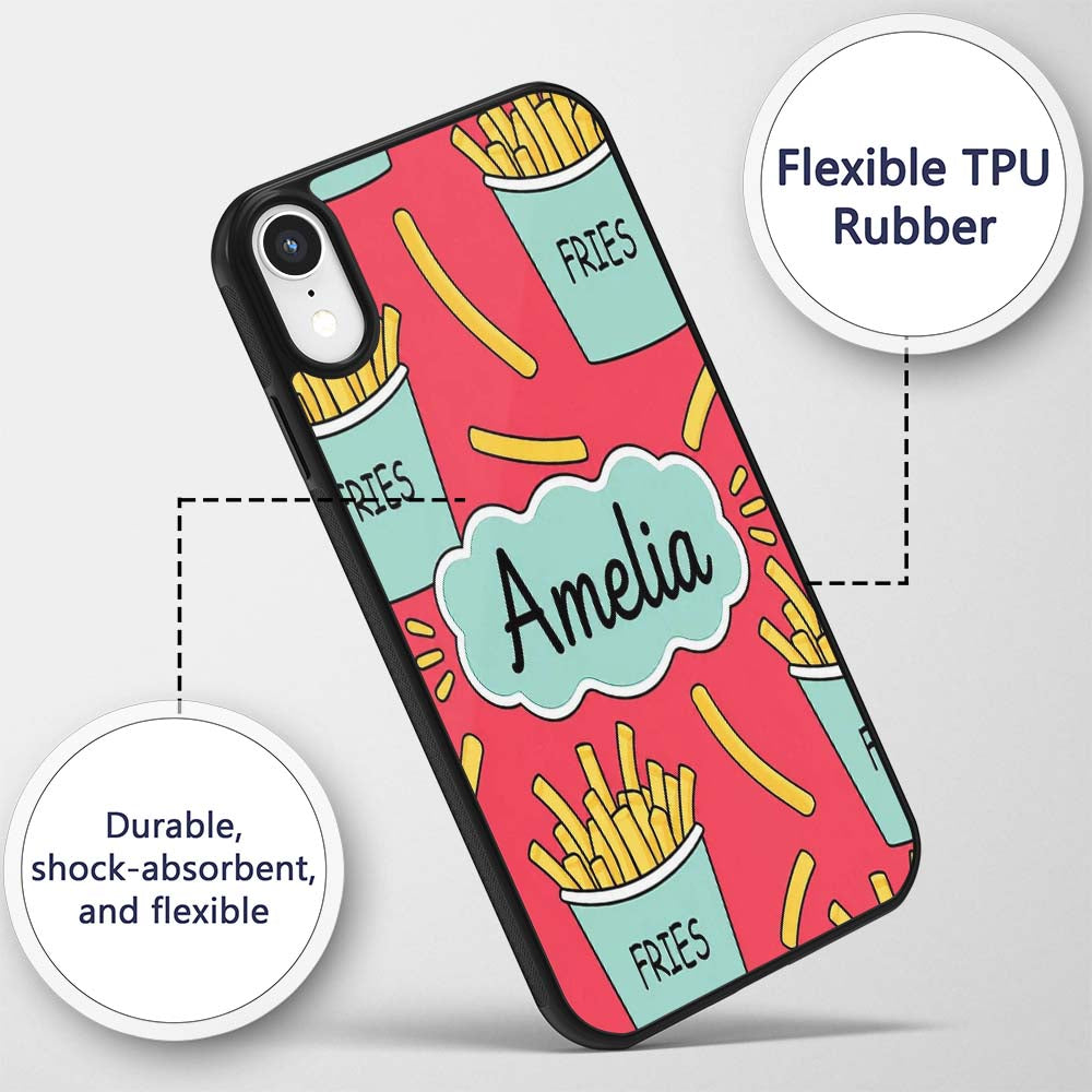 Cute French Fries Seamless Pattern Red Background Custom Name Protective Phone Case Mobile Cover Durable Everyday Smartphone Shock Resistant