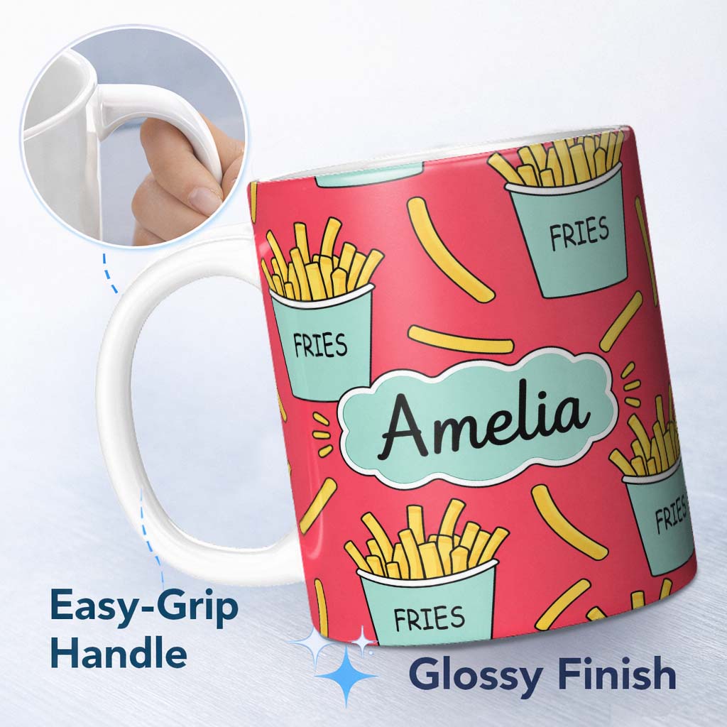 Personalized Custom Name Cute French Fries Seamless Pattern Red Background Name Unique Gift 11oz Ceramic Coffee Tea Mug White Large Handle
