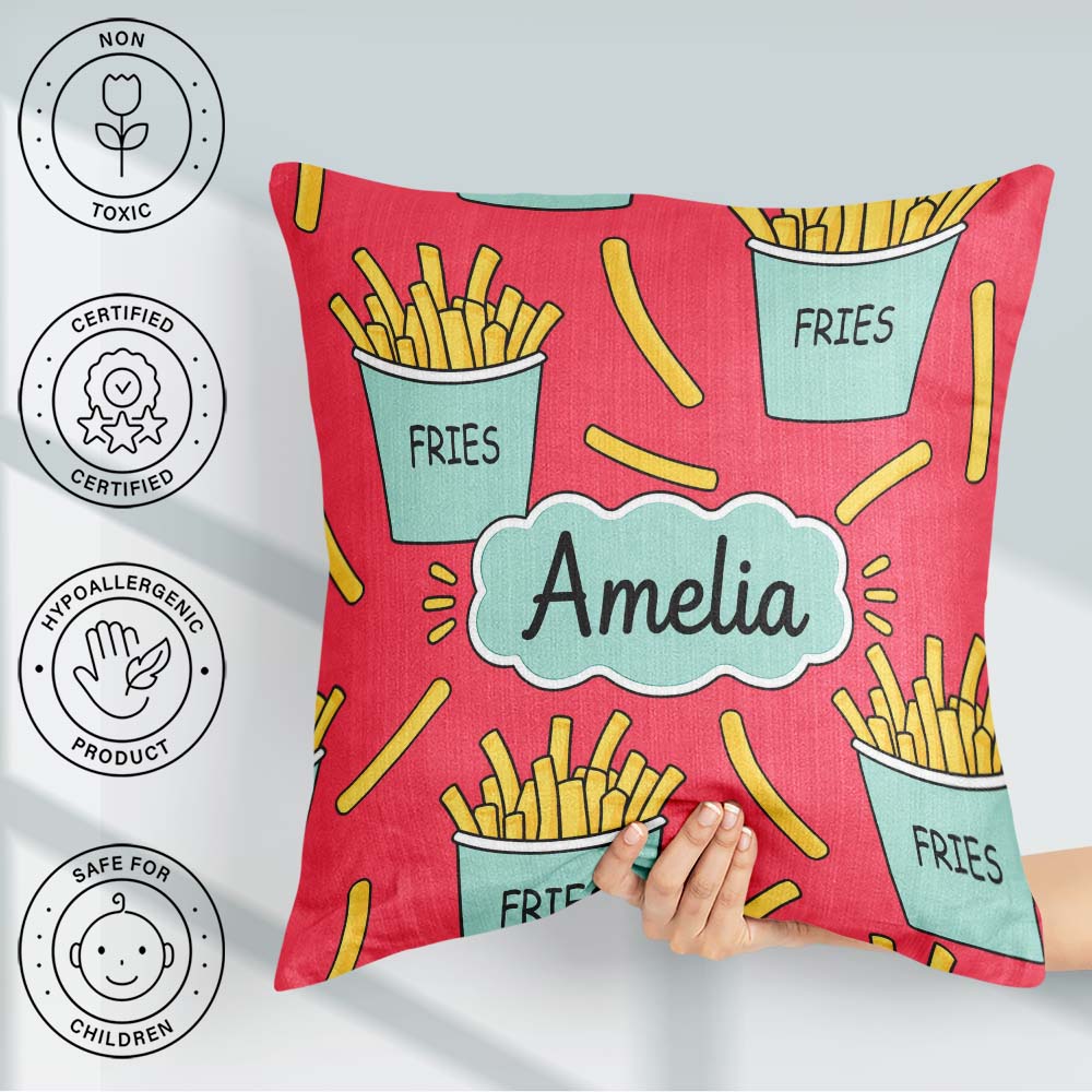 Custom Name French Fries Seamless Pattern Red Background Name Square Filled Cushion Throw Pillow Sofa Bed Home Decor Zip Washable UK Made