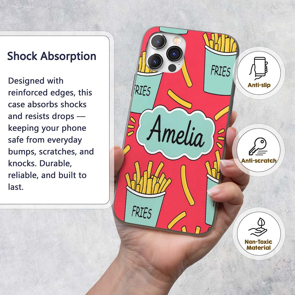Cute French Fries Seamless Pattern Red Background Custom Name Protective Phone Case Mobile Cover Durable Everyday Smartphone Shock Resistant