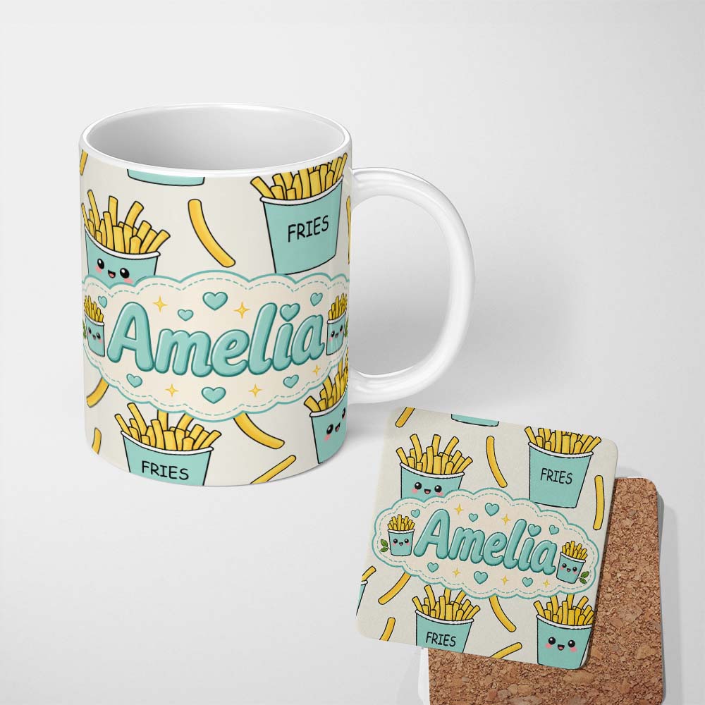 Personalized Custom Name Cute French Fries Seamless Pattern Light Grey Background Name 11oz Ceramic Coffee Tea Mug White Large Handle
