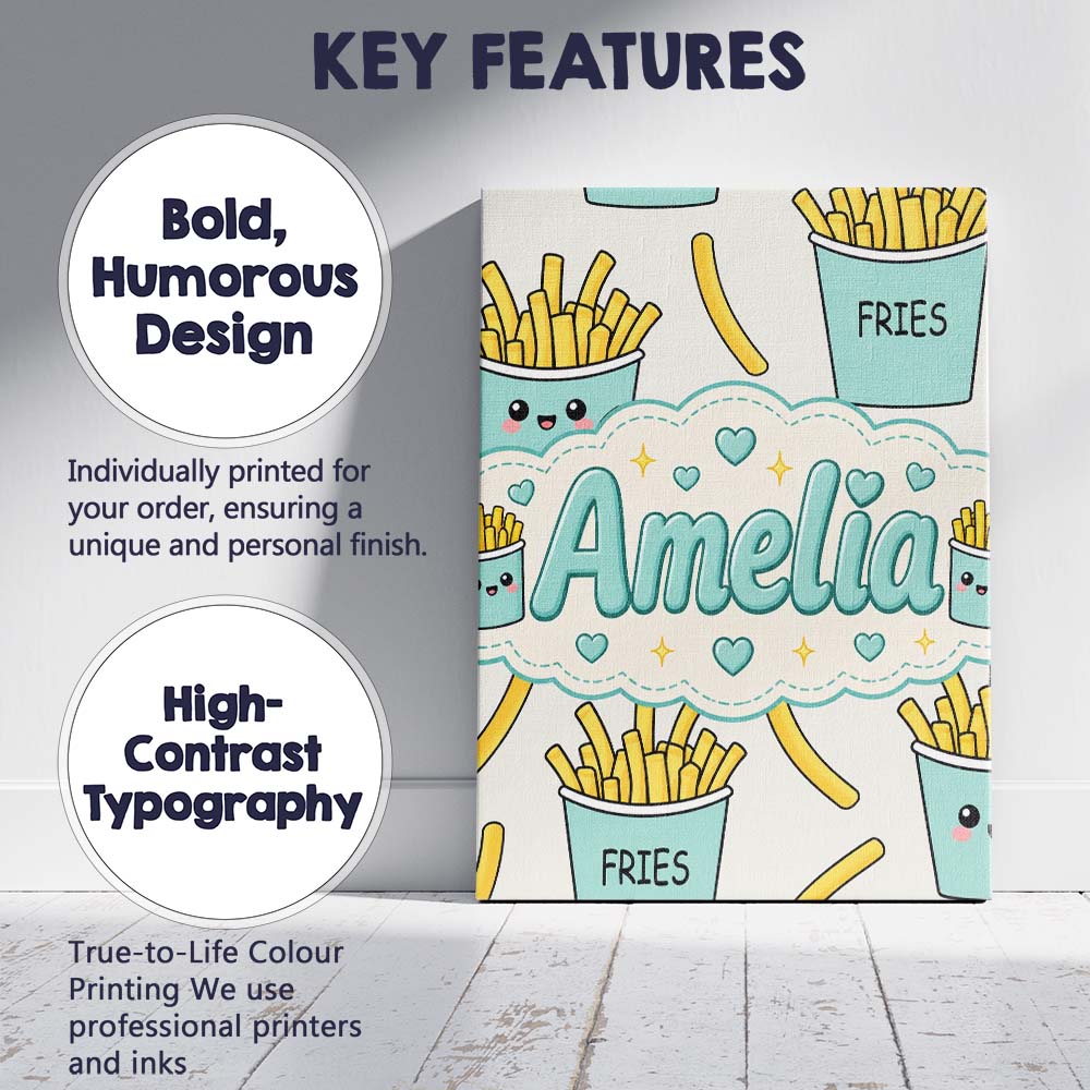 Personalised Name Cute French Fries Seamless Custom Bespoke  Contemporary Display Canvas Wall Art Print Decor Picture Ready to Hang