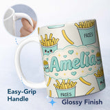 Personalized Custom Name Cute French Fries Seamless Pattern Light Grey Background Name 11oz Ceramic Coffee Tea Mug White Large Handle