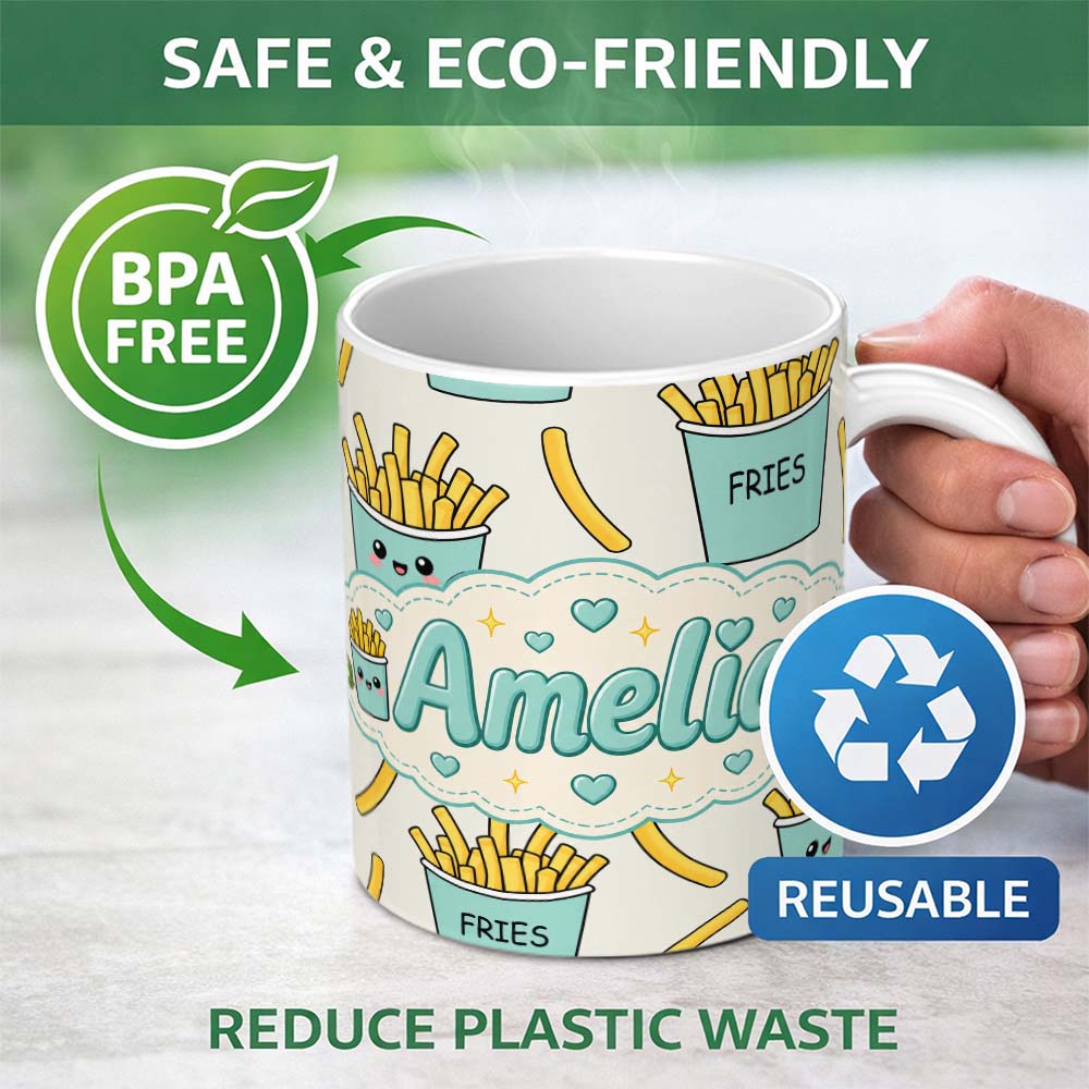 Personalized Custom Name Cute French Fries Seamless Pattern Light Grey Background Name 11oz Ceramic Coffee Tea Mug White Large Handle