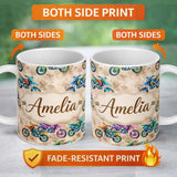 Personalized Custom Name Colorful Kids Dirt Bike Motocross Seamless Pattern on Beige Lovely 11oz Ceramic Coffee Tea Mug White Large Handle