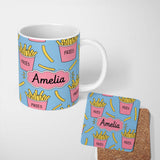 Personalized Custom Name Cute French Fries Seamless Pattern Blue Background Custom Name 11oz Ceramic Coffee Tea Mug White Large Handle