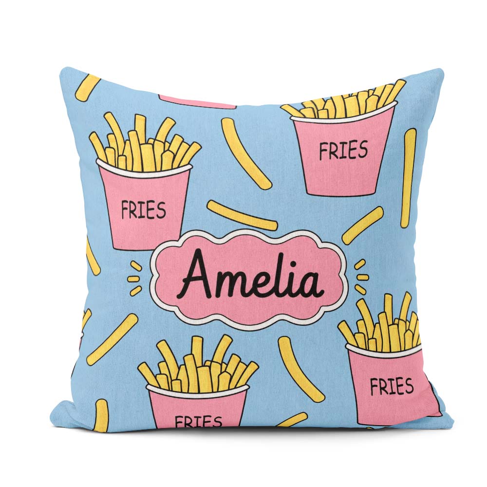 Custom Name Cute French Fries Seamless Pattern Blue Background Square Filled Cushion Throw Pillow Sofa Bed Home Decor Zip Washable UK Made