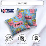 Custom Name Cute French Fries Seamless Pattern Blue Background Square Filled Cushion Throw Pillow Sofa Bed Home Decor Zip Washable UK Made