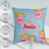 Custom Name Cute French Fries Seamless Pattern Blue Background Square Filled Cushion Throw Pillow Sofa Bed Home Decor Zip Washable UK Made