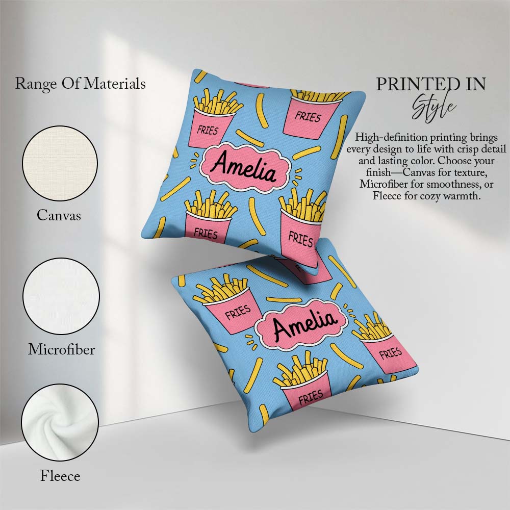 Custom Name Cute French Fries Seamless Pattern Blue Background Square Filled Cushion Throw Pillow Sofa Bed Home Decor Zip Washable UK Made