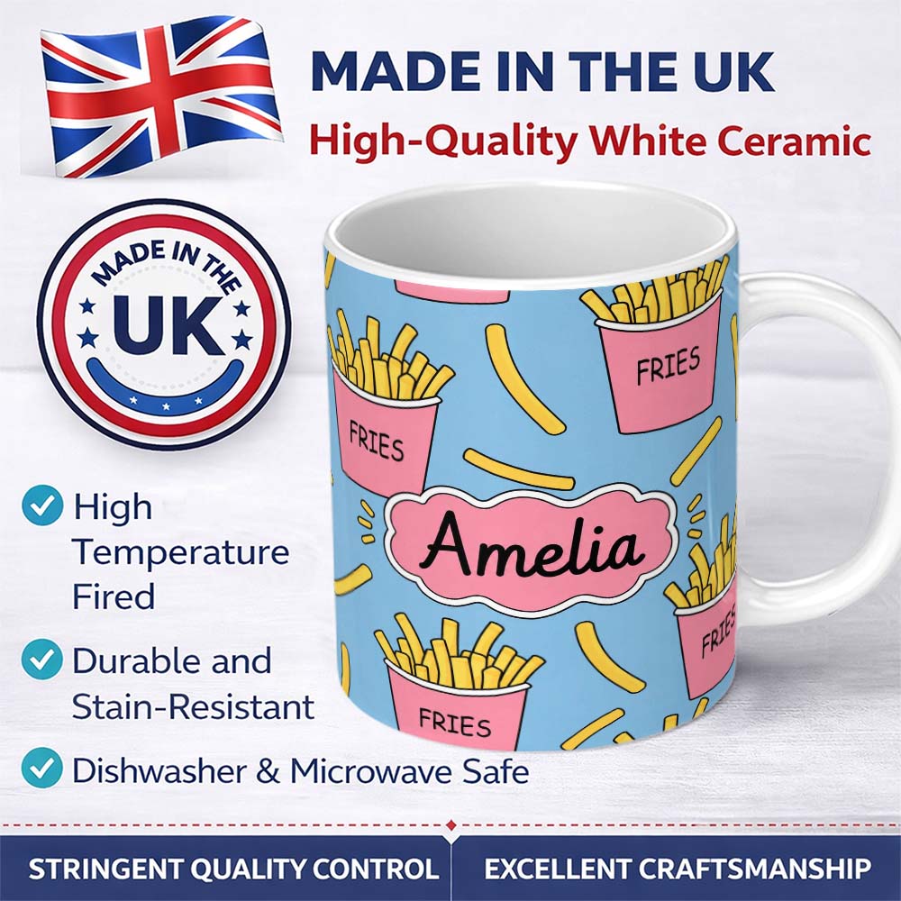 Personalized Custom Name Cute French Fries Seamless Pattern Blue Background Custom Name 11oz Ceramic Coffee Tea Mug White Large Handle