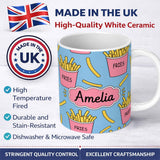 Personalized Custom Name Cute French Fries Seamless Pattern Blue Background Custom Name 11oz Ceramic Coffee Tea Mug White Large Handle