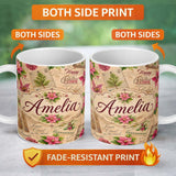 Personalized Custom Name Vintage Christmas Letters Poinsettia Floral Collage Festive Holiday 11oz Ceramic Coffee Tea Mug White Large Handle