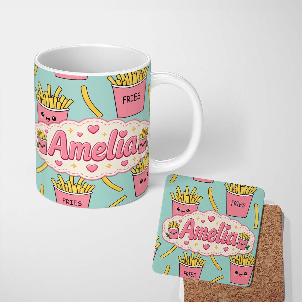 Personalized Custom Name Cute French Fries Seamless Pattern Teal Background Custom Name 11oz Ceramic Coffee Tea Mug White Large Handle