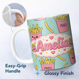 Personalized Custom Name Cute French Fries Seamless Pattern Teal Background Custom Name 11oz Ceramic Coffee Tea Mug White Large Handle