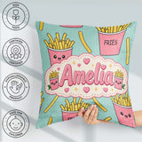 Custom Name Cute French Fries Seamless Pattern Teal Background Square Filled Cushion Throw Pillow Sofa Bed Home Decor Zip Washable UK Made