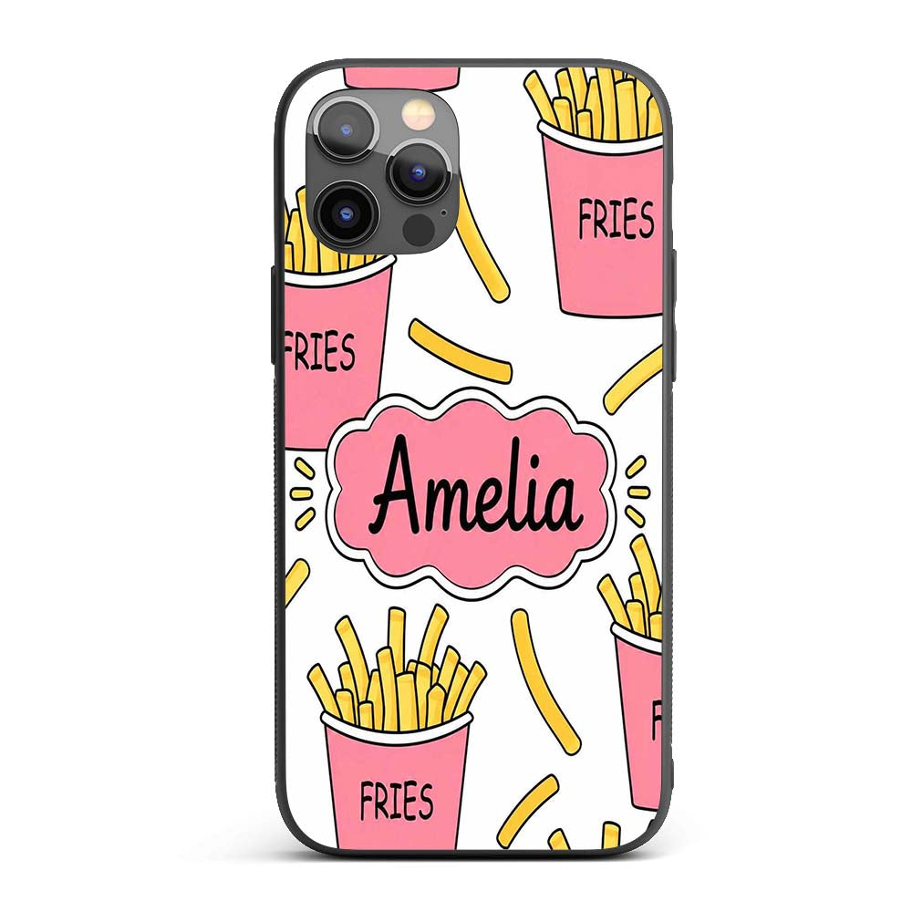 Cute French Fries Seamless Pattern Soft Grey Custom Name Protective Phone Case Mobile Cover Durable Everyday Smartphone Shock Resistant