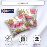 Custom Name Cute French Fries Seamless Soft Grey Background Name Square Filled Cushion Throw Pillow Sofa Bed Home Decor Zip Washable UK Made