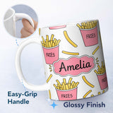 Personalized Custom Name Cute French Fries Seamless Pattern Soft Grey Background Name Unique 11oz Ceramic Coffee Tea Mug White Large Handle