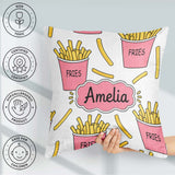 Custom Name Cute French Fries Seamless Soft Grey Background Name Square Filled Cushion Throw Pillow Sofa Bed Home Decor Zip Washable UK Made