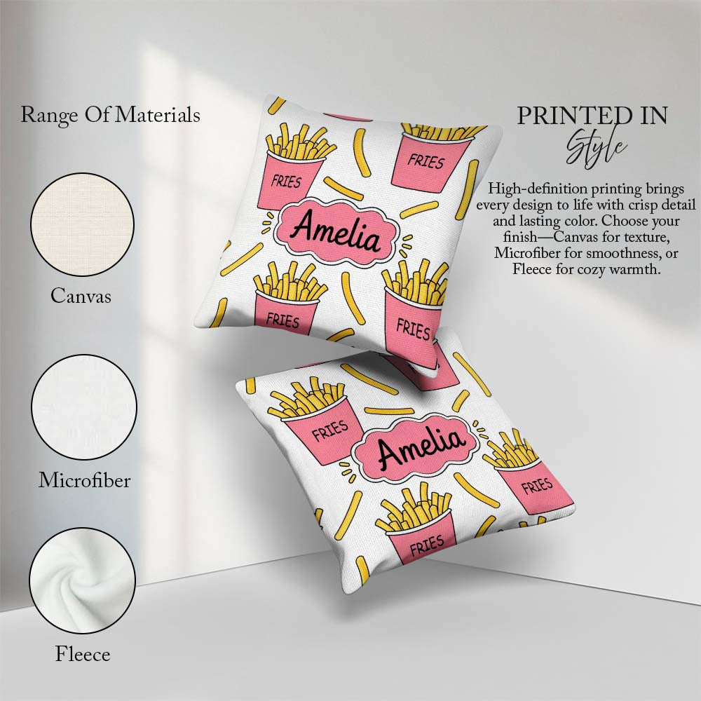 Custom Name Cute French Fries Seamless Soft Grey Background Name Square Filled Cushion Throw Pillow Sofa Bed Home Decor Zip Washable UK Made