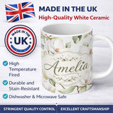 Personalized Custom Name Realistic White Magnolia Bloom and Leaves Seamless Pattern Lovely 11oz Ceramic Coffee Tea Mug White Large Handle