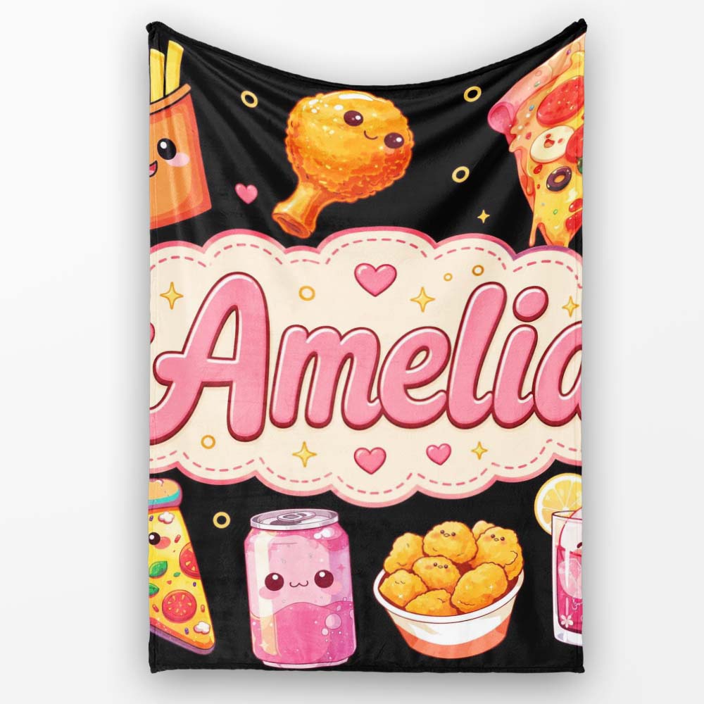 Cute Kawaii Fast Food Pattern with Pizza Fries Chicken Soda Black  Personalised Custom Name Super Soft Fleece Blanket Bed Sofa Throw