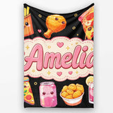 Cute Kawaii Fast Food Pattern with Pizza Fries Chicken Soda Black  Personalised Custom Name Super Soft Fleece Blanket Bed Sofa Throw
