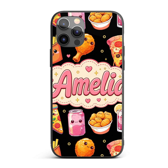 Cute Kawaii Fast Food Pattern with Pizza Fries Custom Name Protective Phone Case Mobile Cover Durable Everyday Smartphone Shock Resistant