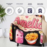 Cute Kawaii Fast Food Pattern with Pizza Fries Chicken Soda Black  Personalised Custom Name Super Soft Fleece Blanket Bed Sofa Throw