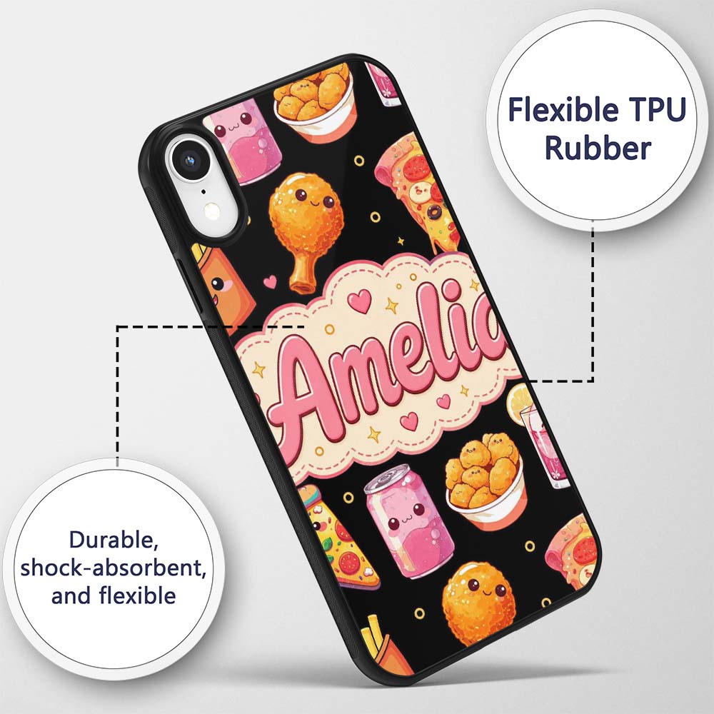 Cute Kawaii Fast Food Pattern with Pizza Fries Custom Name Protective Phone Case Mobile Cover Durable Everyday Smartphone Shock Resistant