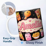 Personalized Custom Name Cute Kawaii Fast Food Pattern with Pizza Fries Chicken Soda Black 11oz Ceramic Coffee Tea Mug White Large Handle