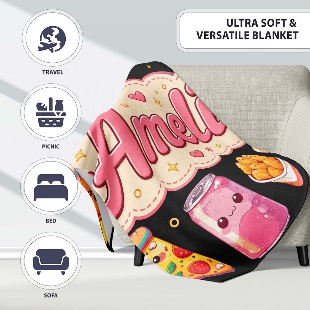 Cute Kawaii Fast Food Pattern with Pizza Fries Chicken Soda Black  Personalised Custom Name Super Soft Fleece Blanket Bed Sofa Throw