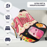 Cute Kawaii Fast Food Pattern with Pizza Fries Chicken Soda Black  Personalised Custom Name Super Soft Fleece Blanket Bed Sofa Throw