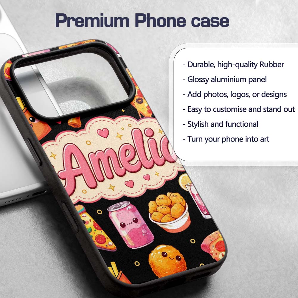 Cute Kawaii Fast Food Pattern with Pizza Fries Custom Name Protective Phone Case Mobile Cover Durable Everyday Smartphone Shock Resistant