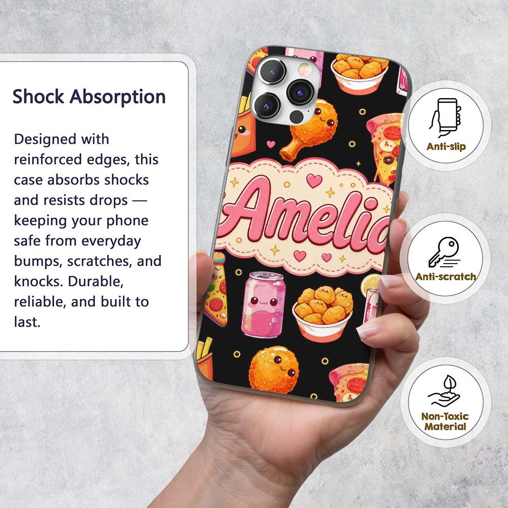 Cute Kawaii Fast Food Pattern with Pizza Fries Custom Name Protective Phone Case Mobile Cover Durable Everyday Smartphone Shock Resistant
