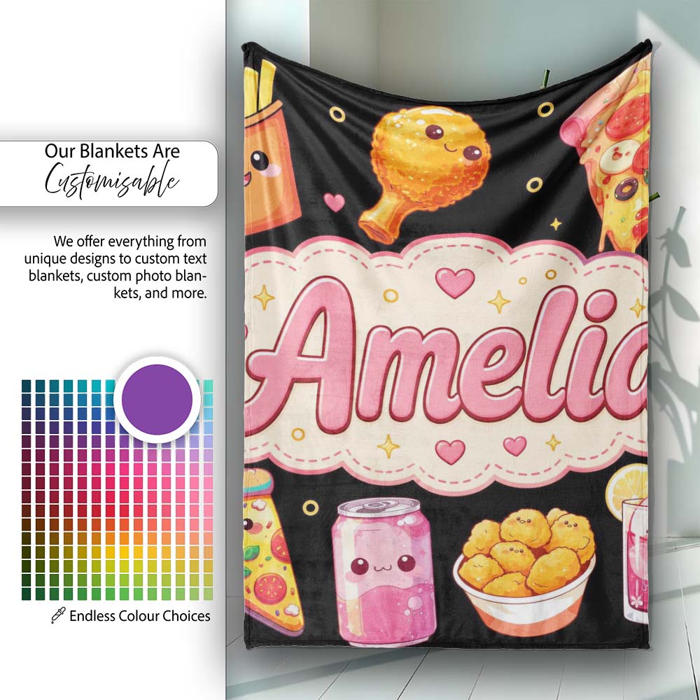 Cute Kawaii Fast Food Pattern with Pizza Fries Chicken Soda Black  Personalised Custom Name Super Soft Fleece Blanket Bed Sofa Throw