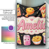 Cute Kawaii Fast Food Pattern with Pizza Fries Chicken Soda Black  Personalised Custom Name Super Soft Fleece Blanket Bed Sofa Throw