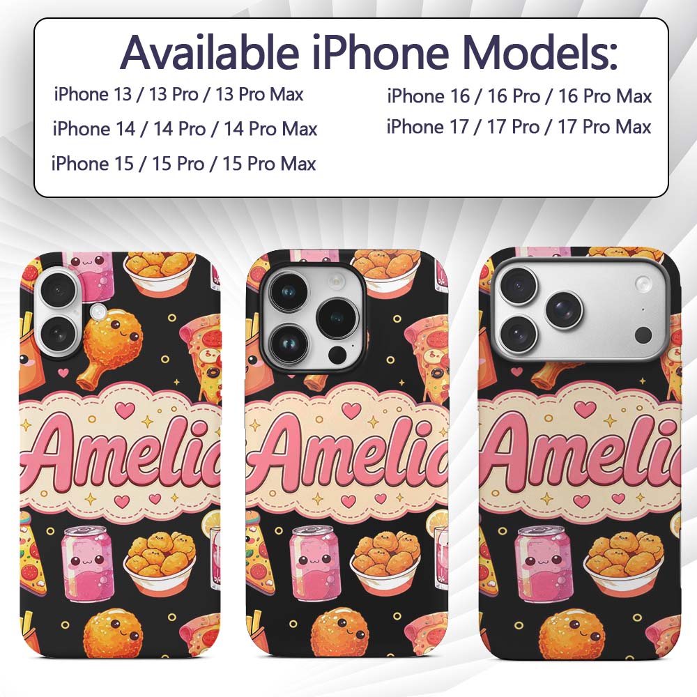 Cute Kawaii Fast Food Pattern with Pizza Fries Custom Name Protective Phone Case Mobile Cover Durable Everyday Smartphone Shock Resistant
