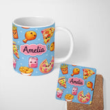 Personalized Custom Name Cute Kawaii Fast Food Pattern with Pizza Fries Chicken Soda Blue 11oz Ceramic Coffee Tea Mug White Large Handle
