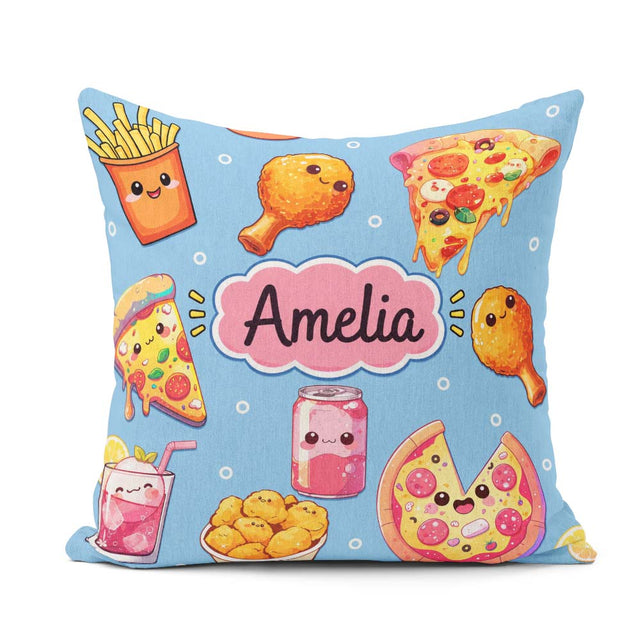Custom Name Fast Food Pattern with Pizza Fries Chicken Soda Blue Square Filled Cushion Throw Pillow Sofa Bed Home Decor Zip Washable UK Made