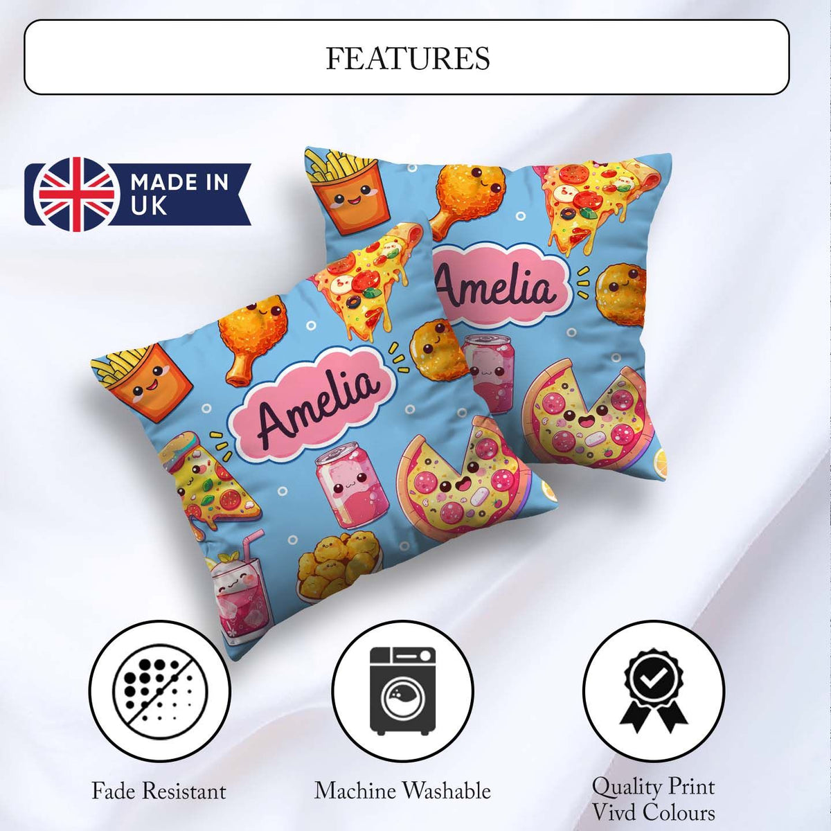 Custom Name Fast Food Pattern with Pizza Fries Chicken Soda Blue Square Filled Cushion Throw Pillow Sofa Bed Home Decor Zip Washable UK Made